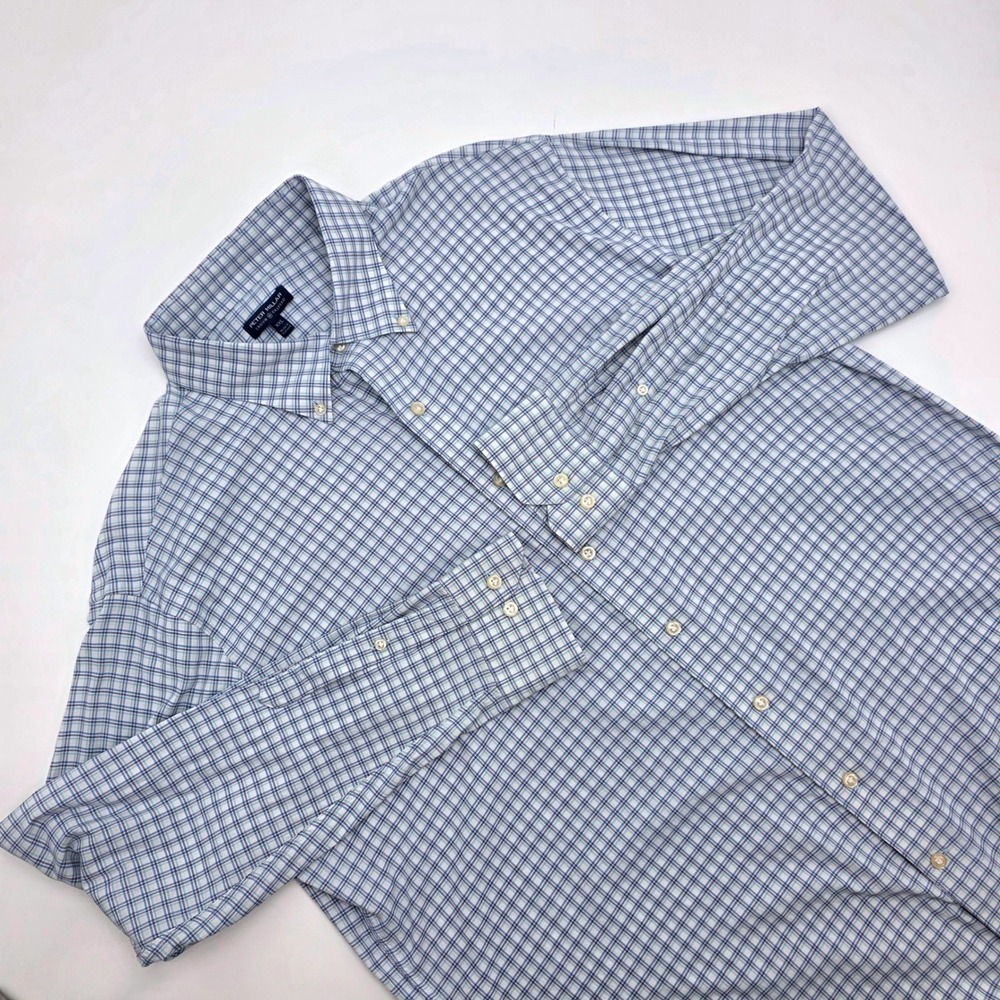 Peter Millar Crown Crafted Mens XXL Blue Plaid Nylon Stretch Button Down Shirt